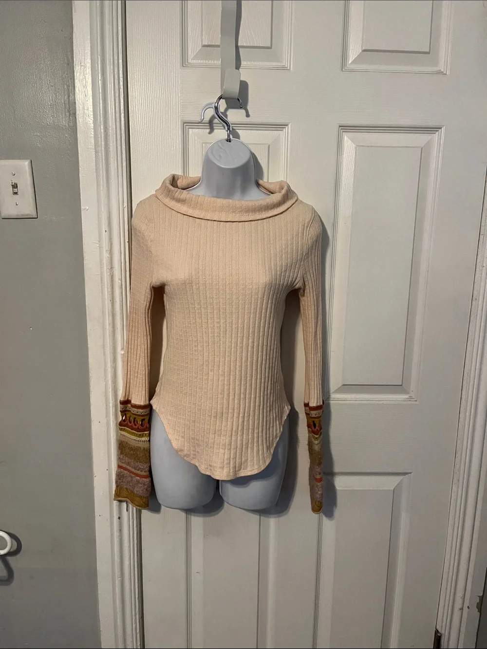 Free People Soft Peach Turtleneck Sweater with Patterned Cuffs Arm Warmer
